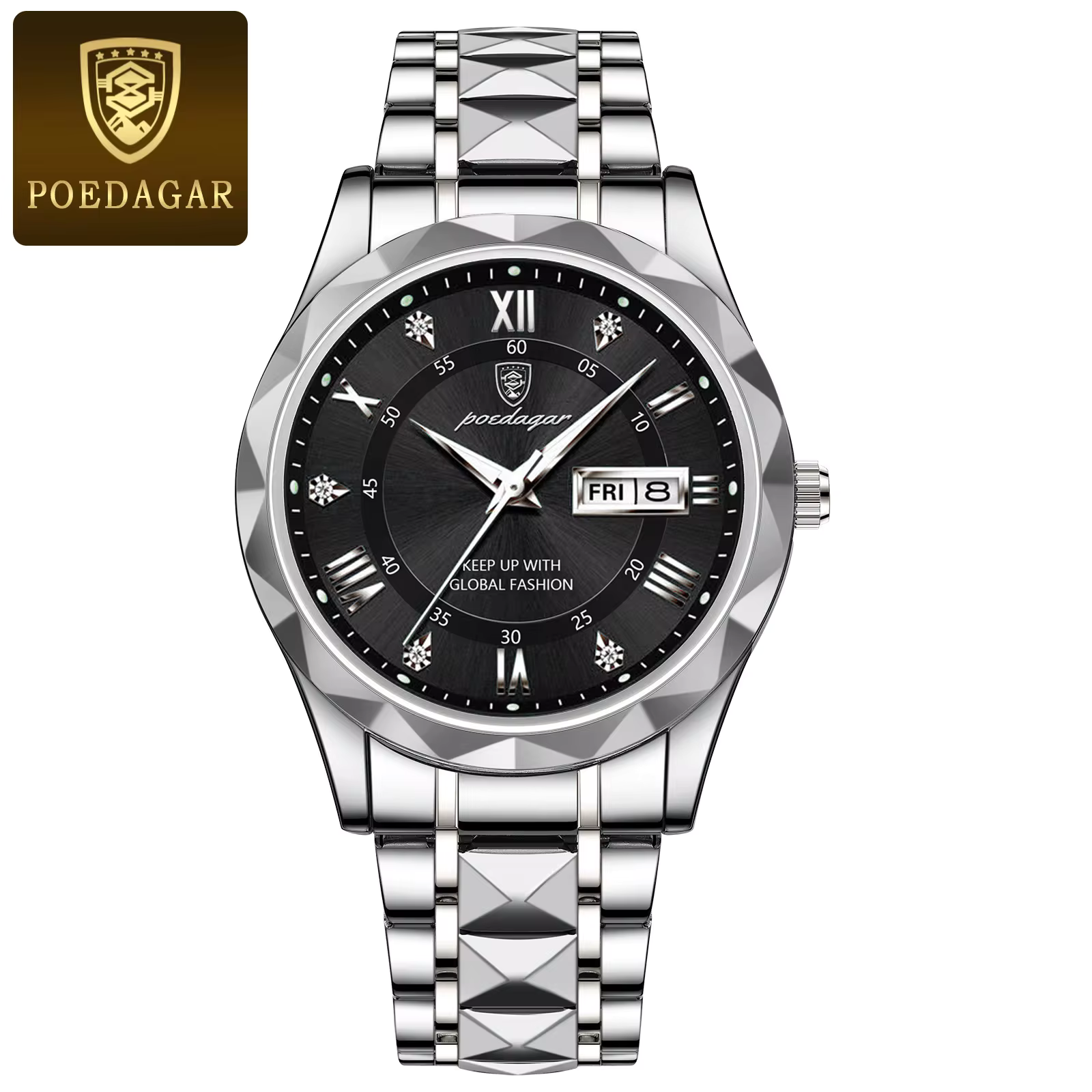 POEDAGAR 615 Quartz Watch for Men Hot Sale Steel Wrist Date Week Hour Clock Fashion Irregular Design Luxury Sport Watch Men Gift